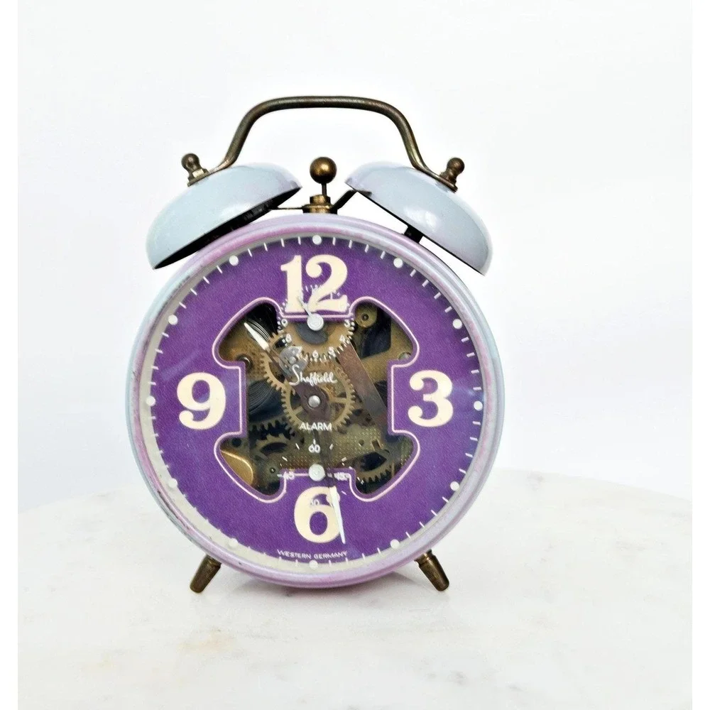 Vintage 1960s Sheffield Twin Bell Alarm Clock Purple Blue West Germany MCM Decor